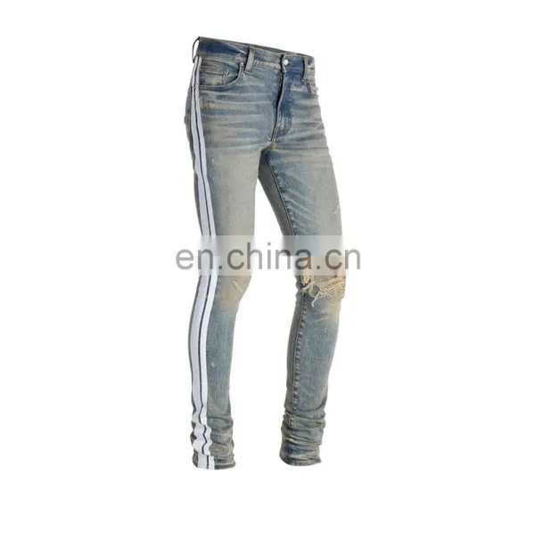 DiZNEW Dirty Indigo White Side Broken Track Ripped Denim Jeans Men photo-2