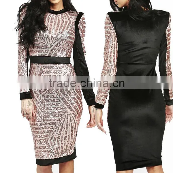Womens Sexy Gold Sequin Bodycon Dress Long Sleeve Club Dress