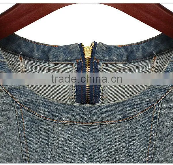 2015 New Arrival Latest Half Sleeve Denim Halter Dress Retro Denim Woman One-piece Office Dress photo-5