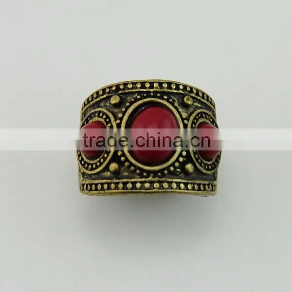 Fashion Nail Indian Style Wide Anti Brass Red Resin Gold Ring photo-4