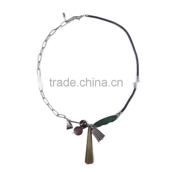 Geometric Wood Bead Rubber Strip Pendant Necklace Velvet Leather Tassel Necklace Chain Linked Suede Leather Necklace photo-5