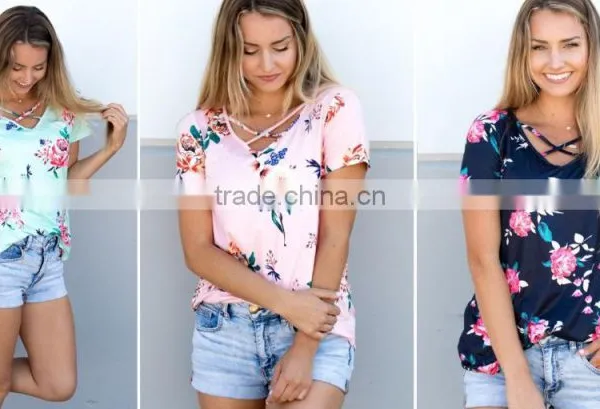 Customize t Shirt Cheap Criss Cross Fancy Floral Tunic Tops photo-6