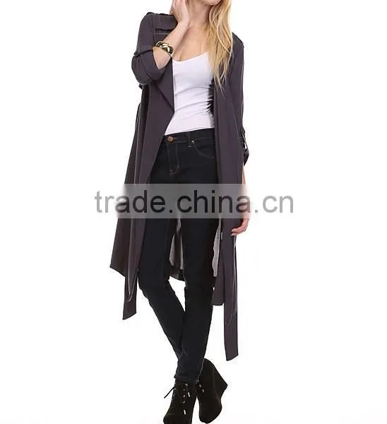 Fashion Modern Apparel Women Trendy Turkey 3/4 Sleeve Plain Spring Winter Coat Charcoal Sheer Trench Long Coat photo-5