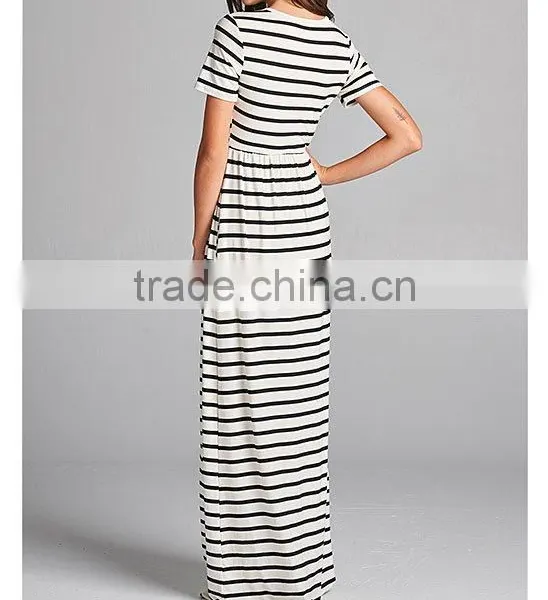 Elegant Long Nightgowns Black & White Stripe Short Sleeve Hidden Pockets Scoop Neck Gown Dresses Evening Muslim Dress Maxi photo-6