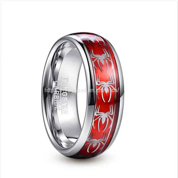 2019 NUNCAD 8mm Wide Inlaid Red Opal Paper + Spider Motif Tungsten Steel Men's Ring Wedding Band Tungsten Carbide Ring T227R photo-2