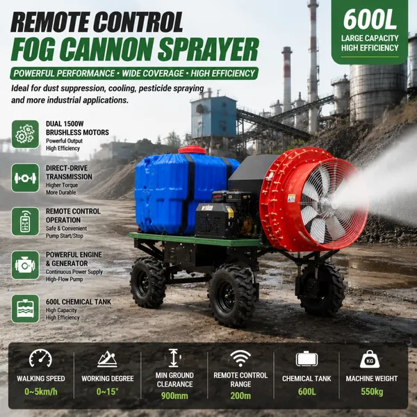 600L Mobile Fog Machine Sprayer Remote Controlled Water Mist Cannon for Industrial Cooling and Cleaning