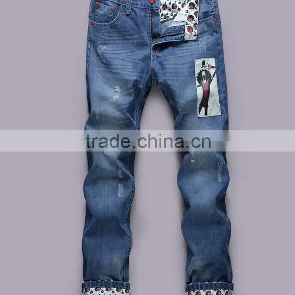 2014 Lastest Design Long Low Waisted Ripped Men Jean Wear Printed Washed Wholesale Popular Blue Men Jean Pants Trouser photo-6