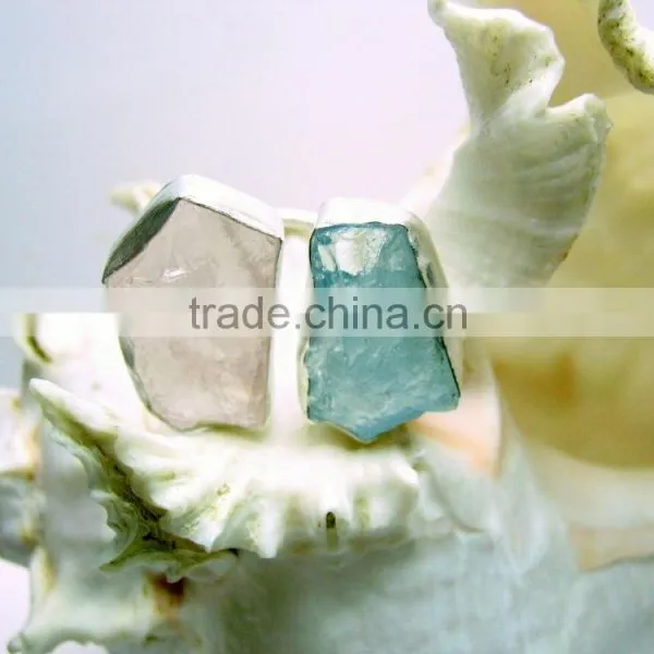 Aquamarine & Rose Quartz Rough Natural Gemstone Ring, 925 Solid Sterling Silver Ring, Designer Raw Bowl Shaped Ring photo-3