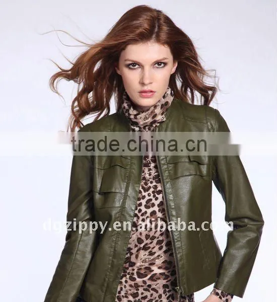 Ladies Green Long Sleeves Zipper Slim Fit Leather Fashion Jackets