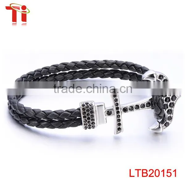 Genuine Cow Leather Silver Color Bracelet Men, Zircon Diamond Jewelry Bracelet for Men, Fashion Steel Bracelet Anchor Customized photo-2