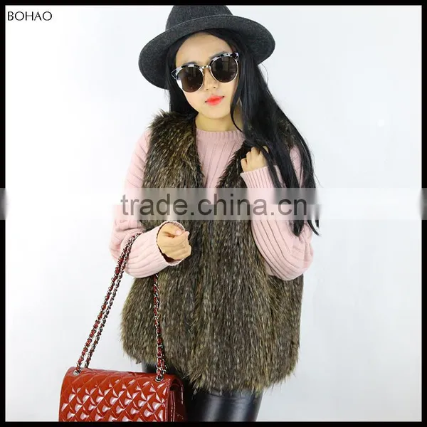 Faux Raccoon Fur Short Vest Knitted V-shaped Neckline Brown Vest