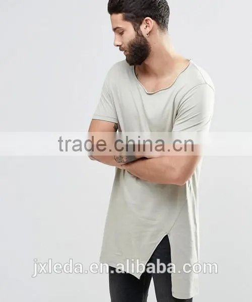 China Suppliers Custom Men Summer Fashion 100% Cotton Raw Scoop Neck Split Hem Long Line T-shirt photo-4