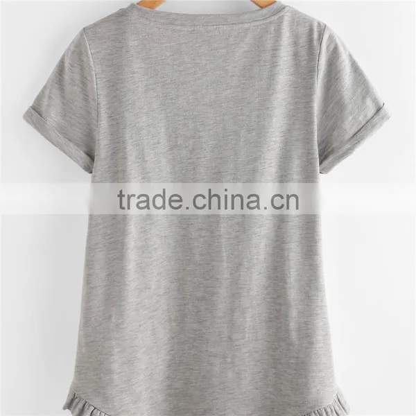 Plain White and Grey Pure Cotton Roll Cuff Ruffle Trim Slub T-shirt photo-6