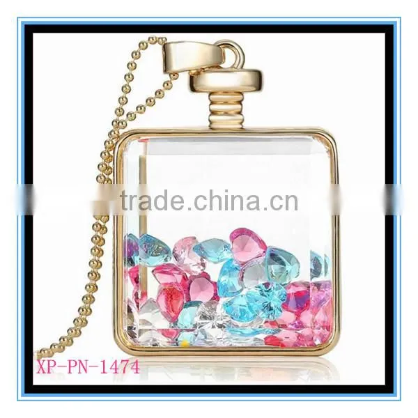 XP-PN-1474 Latest Factory Design Crystal Square Glass Perfume Necklace Photo Frame Locket Pendant Necklace