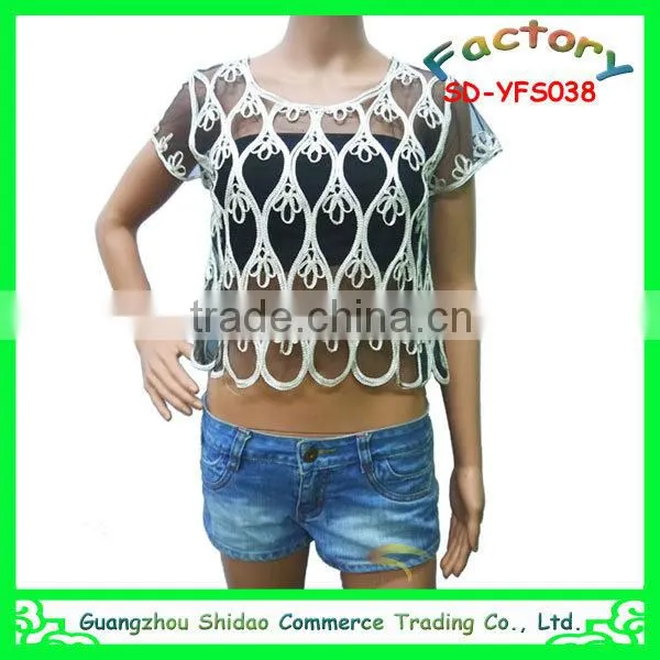 Latest Design Fashion Sleeveless Mesh Neck Lace Elegant White Embroidery Blouse photo-2