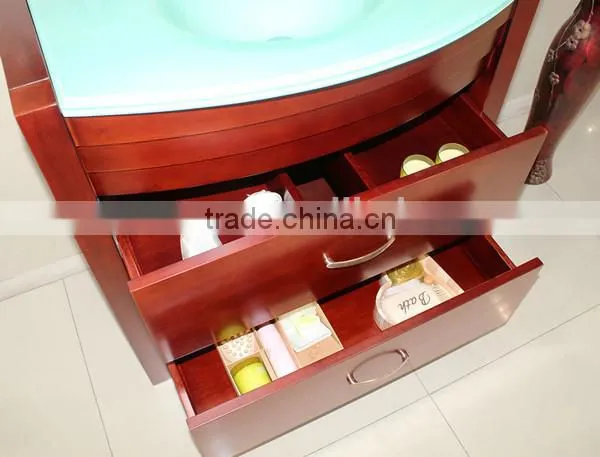Glass Wash Basin Red Color Wood Cabinet Solid Wood Bathroom Furniture No.1004B photo-3