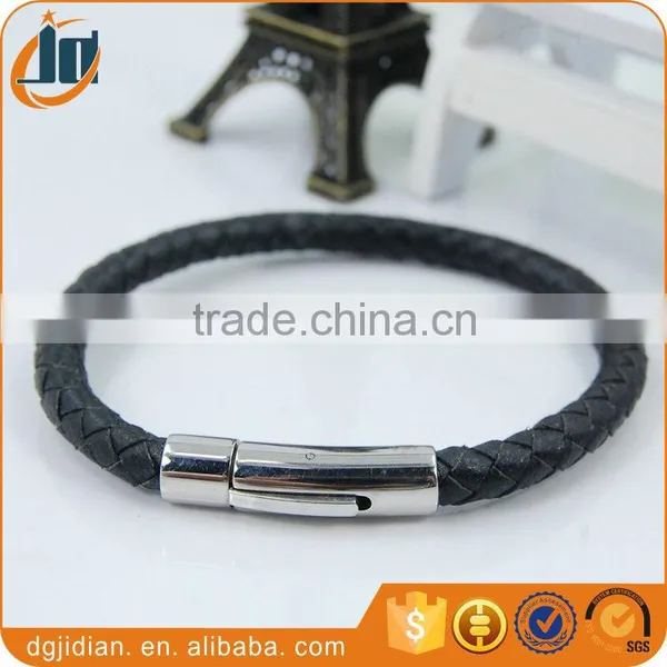 Fashion Rose Gold Bracelet and Black Leather Stainless Steel Bangle photo-3