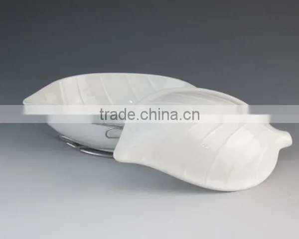 2016 Fancy Leaf-Shaped Design White Ceramic Type Tureen With Metal Stand photo-2