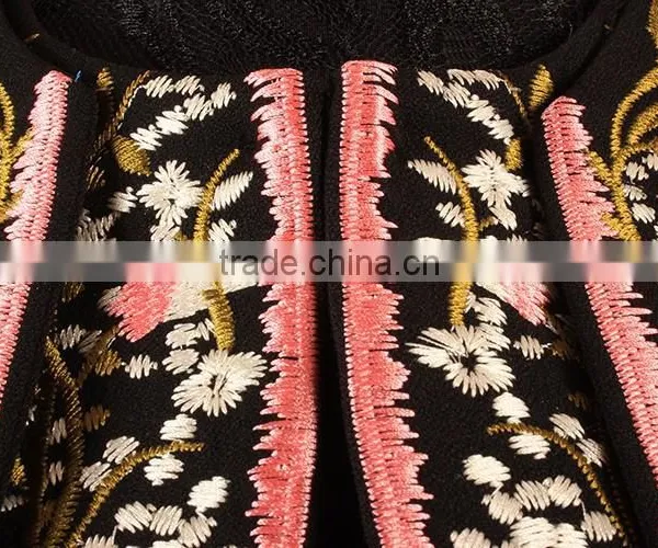 Retro Flowers Embroidered Long Sleeve Black Slim Long European Elegant Women Coat photo-5