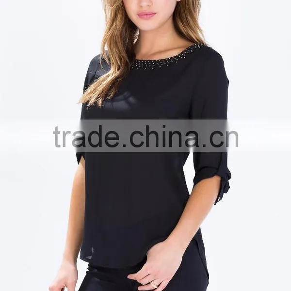 Latest Roll Sleeves Beaded Woman Blouse Fashion Blouse for Daily Life photo-3