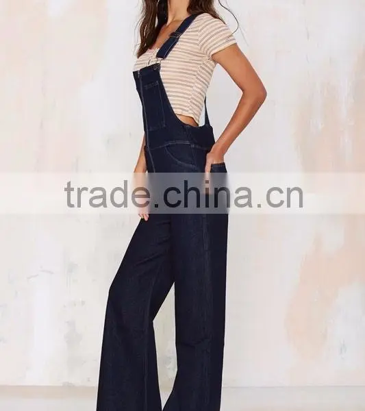 Dark Blue Zip Front, Adjustable Straps, Flared Legs, And Criss Cross Back Denim Overalls photo-3