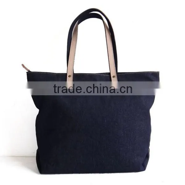 High Quality Navy Denim Bag Denim Tote Bag With Leather Trim photo-3