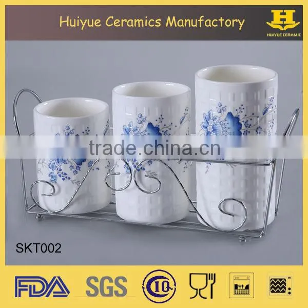 Set of 3 Ceramic Utensil Holder With Metal Stand Flower Design photo-2