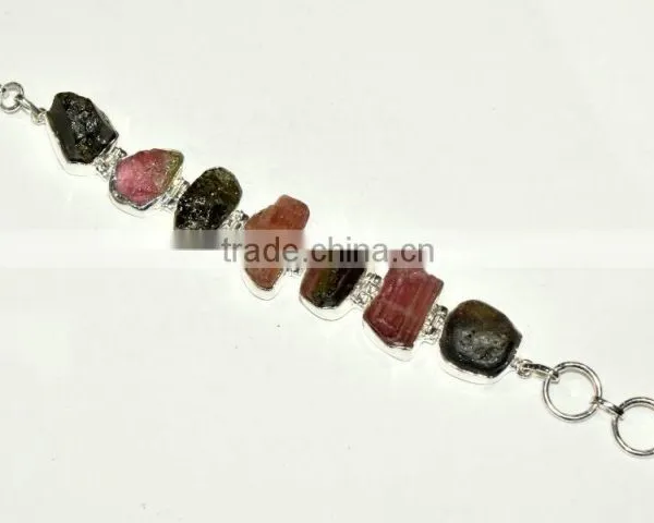 Rough Tourmaline Natural Gemstones 925 Sterling Silver Bracelet Jewelry