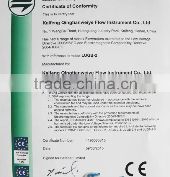 Qingtian Flow Meter Certificates