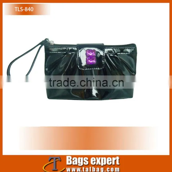 Black Shiny pu Cosmetic Bag for Lady With Clear Diamond as Decoration With Wrist Strap.