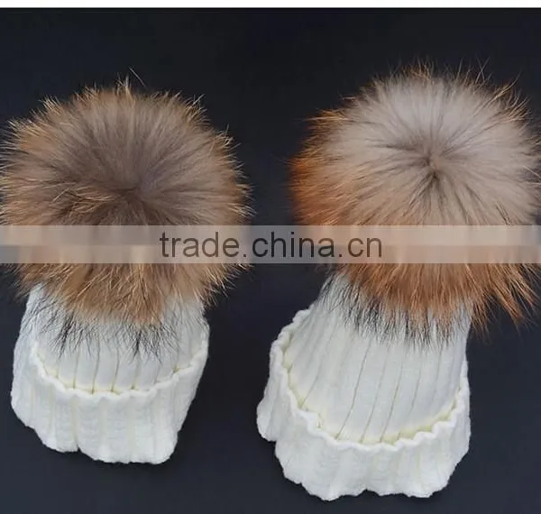 Children Hat Kids Hat Children Winter Raccoon Fur Hats 100% Real 15cm Fur Pompom Beanies Cap Natural Fur Hat For Kids Children photo-5