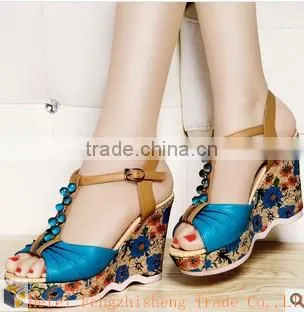 2014 Summer Hot Sale New Fish Mouth Summer Sandals Bohemian Wedge Shoes Flowers Crystal Sandal HFRX1426