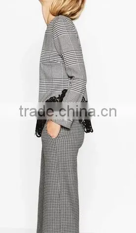 Runwaylover EY2378B Ladies 2017 Fashion Lace Splice Plaid Blouse photo-2