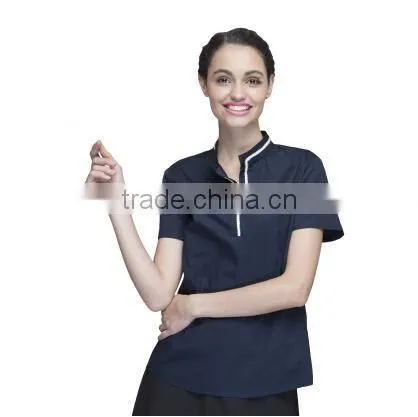 Juqian 2016 Custom Factory Price Latest Stylish Navy Cheap Short Sleeve Summer Unisex Hotel Staff Uniform Designs in China photo-3