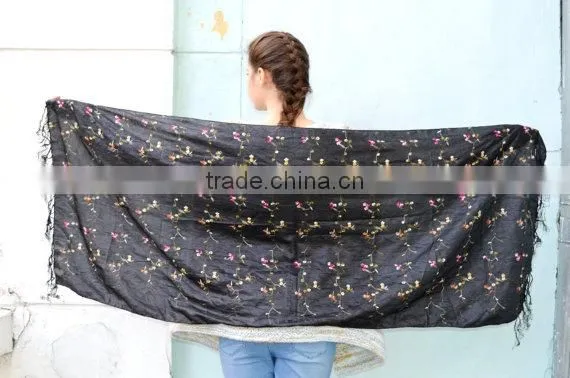 Vintage Black Shawl Scarf, Embroidered Black Shawl, Bohemian Festival Hippie, Headscarf ,Women Accessory photo-5