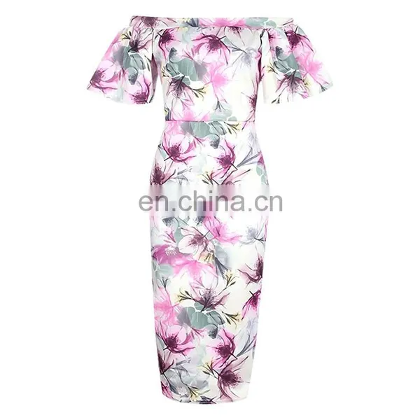 Newest Women Clothes Frill Sleeve Print Floral off Shoulder Midi Dress photo-3