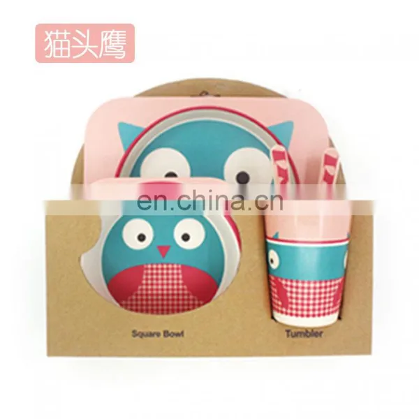 2020 Creative Cartoon Bamboo Fiber Children Tableware Set of Five Sets of Kindergarten Baby Bowl Children's Dinner Plate Owl