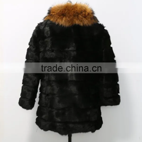 2015 Rex Rabbit Fur Coat With Big Racoon Fur Collar for Women photo-4