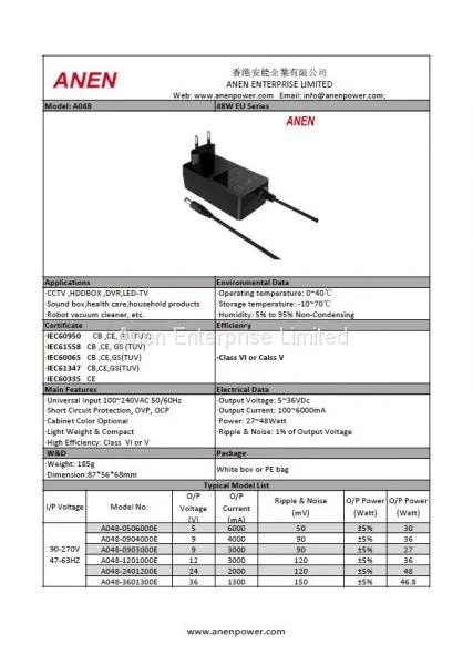 48W AC Adapter With EU Plug,GS,CE, UL Approval, VI Efficiency, 24V1A 12V2A 12V1.5A 24V0.8A Power Adapter photo-2