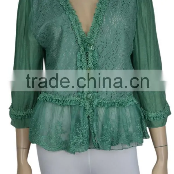Trimming Lace Buttoned Shirt Green / Light Green Linen Blend Lace Front Closure Jacket photo-5