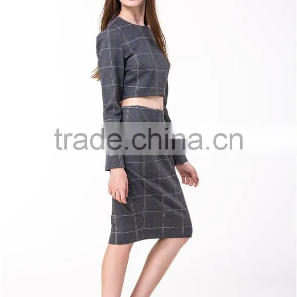 2017 New Arrival Grey Plaid Crop and High Waist Skirt Co-ord Set photo-4