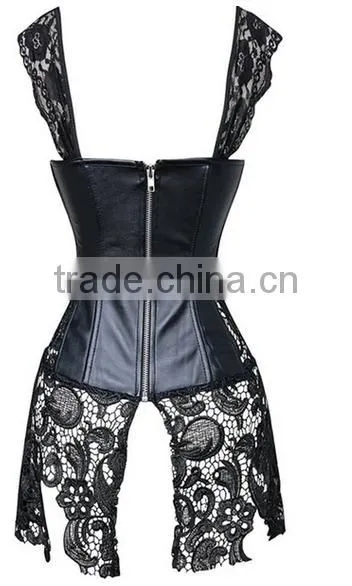 Hot Sale Women's Steampunk Gothic Faux Leather Bustier Corset With Lace Skirt photo-2
