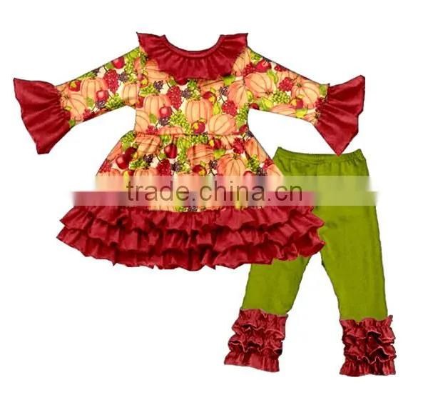 2017 Kids Halloween Clothing Designer 100%cotton Pumpkin Appliqued Outfit Chevron Ruffle Pant Sets photo-2