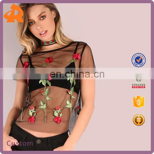 2017 Newest Design Rose Bud Mesh Top BLACK