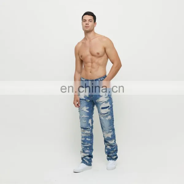 DiZNEW OEM Denim Baggy Pants Distressed Streetwear Ripped Embroidered Mens Jeans photo-6