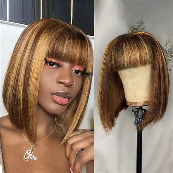 180 Density Full Machine Wigs Highlight Brown Colored Bone Straight Human Hair Bob Wigs 4 27 Human Hair With Bangs For Women