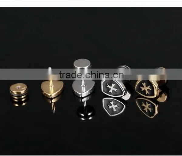 Men's Titanium Steel Stud Earrings Golden Shield Cross Mini Earrings Punk Style Design photo-5