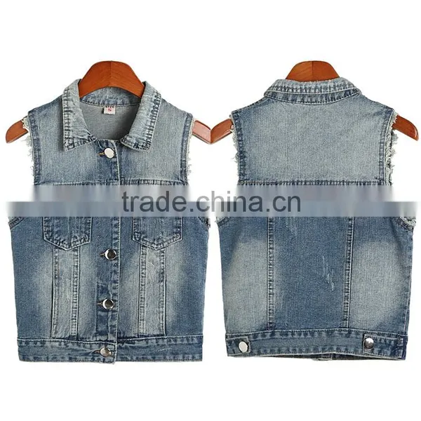 2016 New Style Women's Turn-down Collar Frayed Denim Waistcoat photo-3