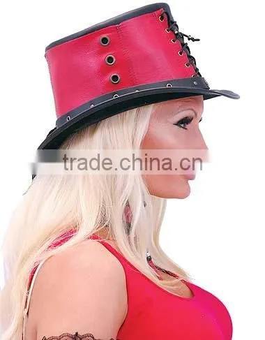 SteamPunk Red Lace Up Black Leather Top Hat W/Pocket photo-3