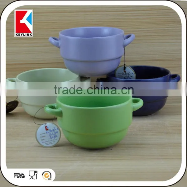 Wholsale Silkscreen Printed Bowl Color Glazed Two Handle Cereal Soup Bowl Ceramic photo-3